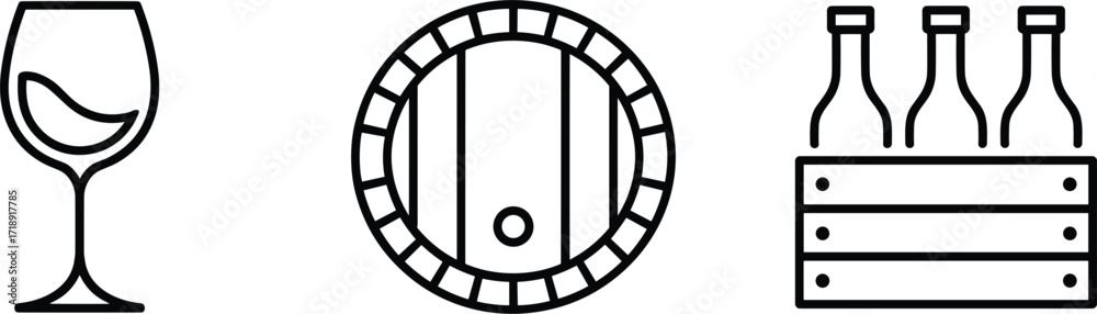 Fototapeta premium Wine glass barrel and bottles icon set on white background wine barrel wooden barrel