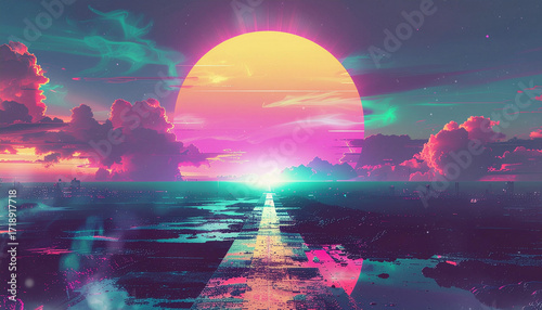 Vaporwave Sunset Over Water with Reflective Surface and Retro Aesthetic.