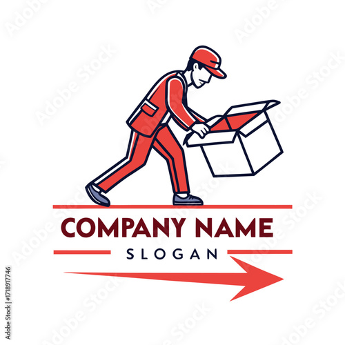 Delivery man carrying a cardboard box with company branding visible