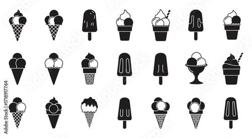 Black and white collection of various ice cream and popsicle designs