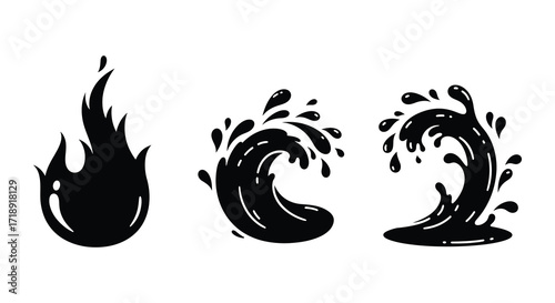 Black and white illustration of fire water swirl and water drop shapes