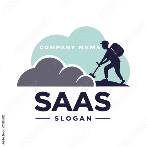 A hiker ascending a cloud shaped hill with saas branding elements