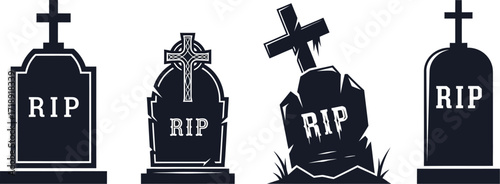 Four gravestones with crosses and rip inscriptions for halloween decorations art