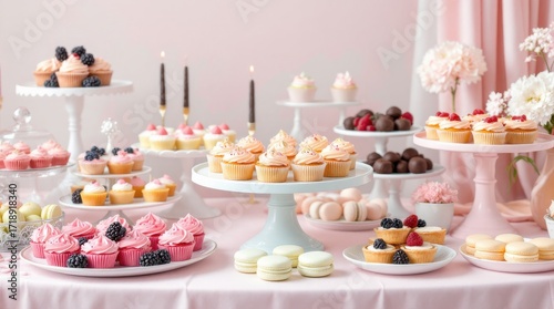 Wallpaper Mural Cupcake and dessert display at a pink-themed celebration with various sweets and decorative elements Torontodigital.ca