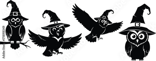 Black and white halloween owls wearing witch hats in various poses vector art
