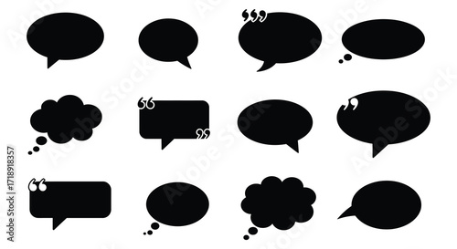 Various black speech bubbles and thought bubbles on a white background