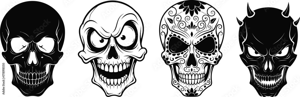 Fototapeta premium Four unique skull illustrations in black and white perfect for halloween designs