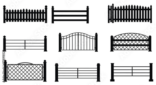 Collection of different black and white fence and gate designs illustrated