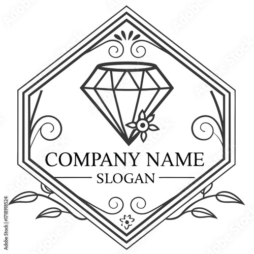 Elegant diamond emblem with floral details and company branding elements