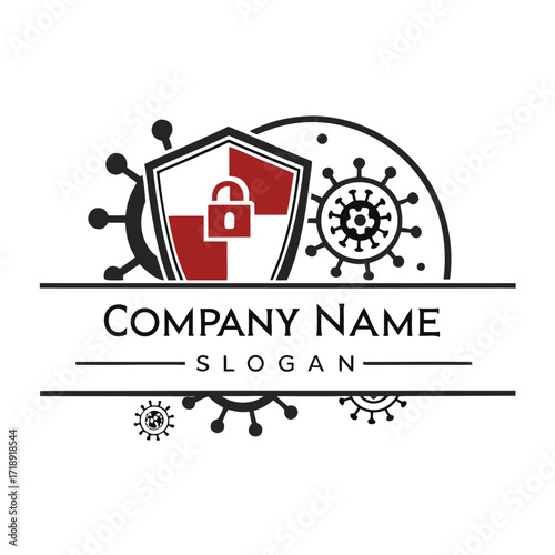 Shield with lock virus and company branding elements in a logo design