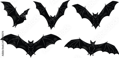 Five black bats in various flying positions against a stark white background