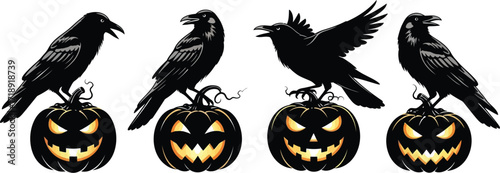 Four black ravens perched atop glowing jacko'lanterns for halloween illustration