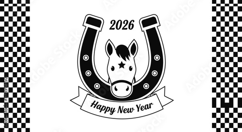 Happy new year horse horseshoe design for greeting card vector editable stock
