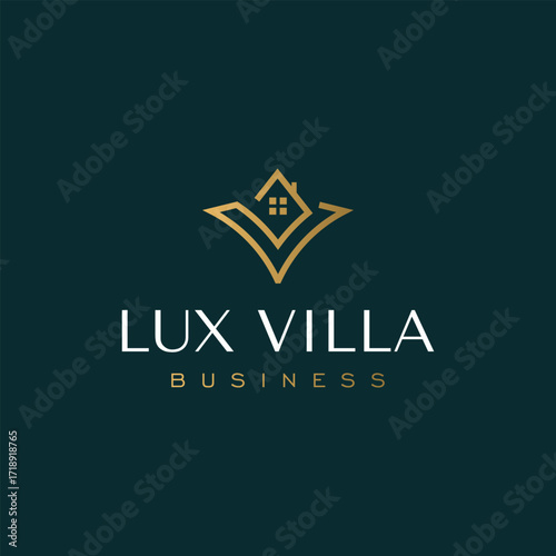 Geometric villa logo, luxury house v with hill and window for property branding.