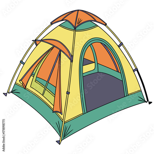 Colorful cartoon illustration of a dome tent for camping outdoors