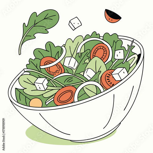 A colorful illustration of a fresh salad with vegetables and cheese