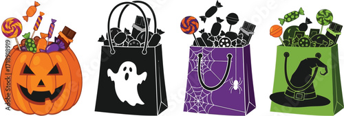 Halloween candy in pumpkin and trick or treat bags for spooky holiday celebration