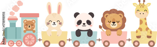 Cute animals riding train illustration for kids design vector editable stock