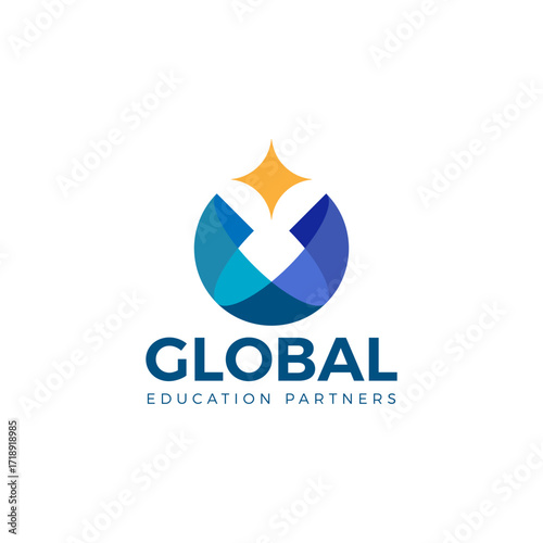 Geometric globe logo featuring overlap shapes forming a stylized globe with a shining star above. Perfect for education partners, learning platforms, and academic institutions