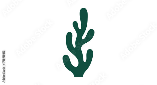 A simple dark green illustration of a stylized seaweed or plant form