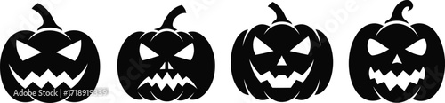 Four black halloween pumpkins with scary faces isolated on a white background