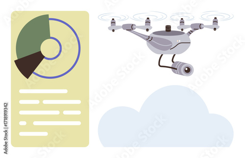 quadcopter with camera flying above abstract cloud, next to a data visualization chart with text elements. Ideal for technology, surveillance, data analysis, innovation, security, AI, and futuristic