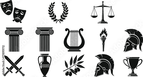Ancient greece symbols vector set greek culture and mythology art editable stock
