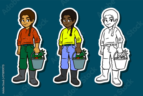 Teen girl gardener with braid carrying vegetable basket sticker illustration