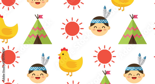Cute cartoon pattern with chicken teepee sun and indian boy design editable stock