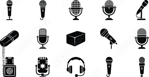 Microphone vector set podcasting equipment audio recording icons editable stock