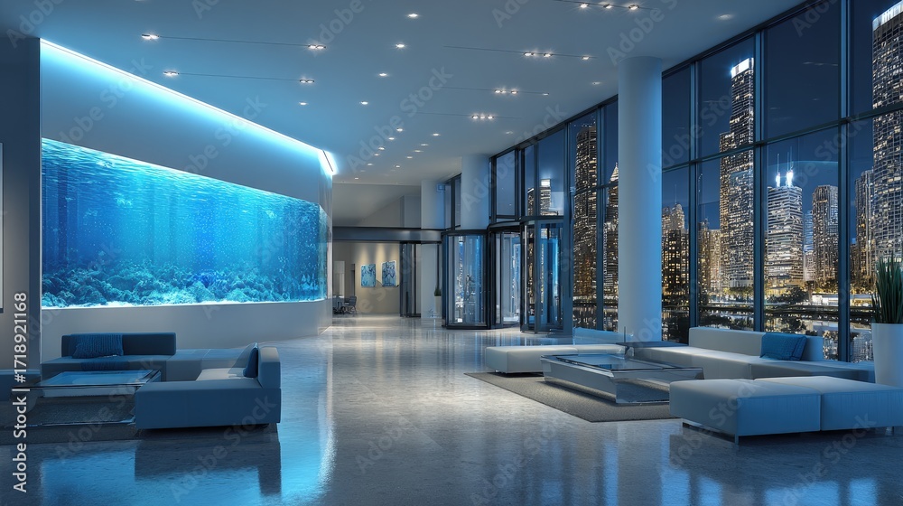 Obraz premium Modern Hotel Lobby At Night With City View