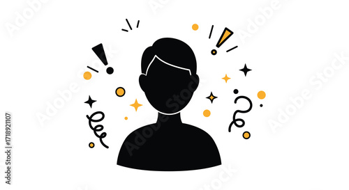 Silhouette of a person surrounded by celebratory elements and sparkles