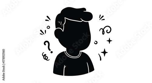 Confused person silhouette with question marks and various symbols around head