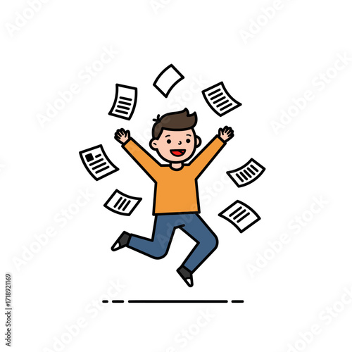 Joyful cartoon boy in an orange sweater jumping happily while tossing papers into the air.