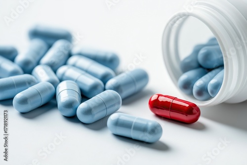 Blue and red pills spilling from open white pill bottle on light gray background for advertising campaign pharmaceutical health concept.
