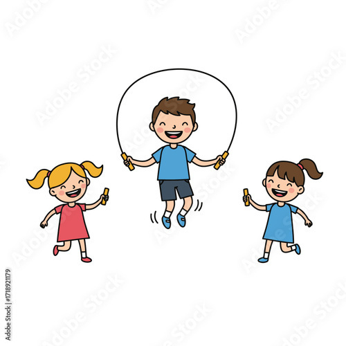 Happy cartoon children playing together a boy jumping rope and two girls running with skipping ropes smiling joyfully.