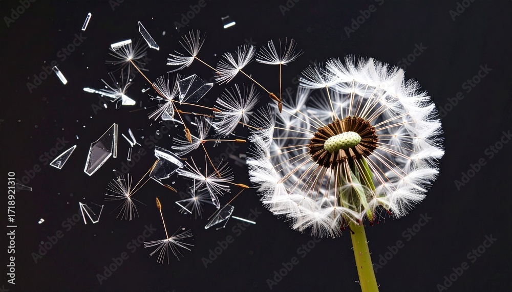 Fototapeta premium A geometric abstract dandelion with translucent shards drifting outward in glowing motion