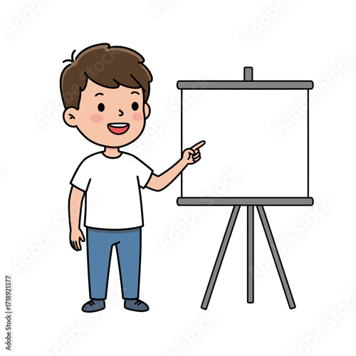 Illustrated cartoon boy in casual clothes pointing happily at a blank tripod presentation board.