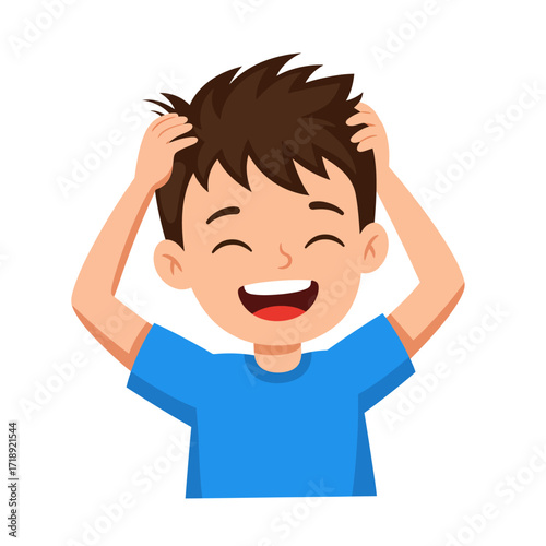 Joyful Boy with Brown Hair Hands on Head OpenMouth Laugh.