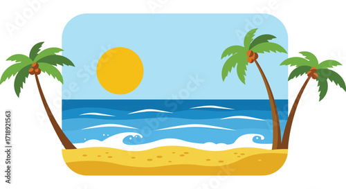 A serene beach scene with palm trees and a setting sun