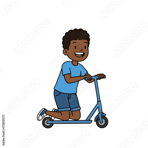 Joyful cartoon Black boy with curly hair kneeling on a blue kick scooter.