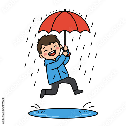 Joyful cartoon boy in a blue raincoat jumping over a puddle with a red umbrella.