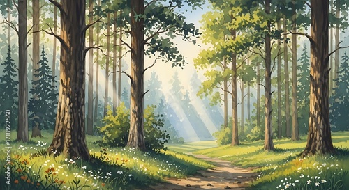Forest path with sunlight streaming through the trees and flowers on the ground in a painting style