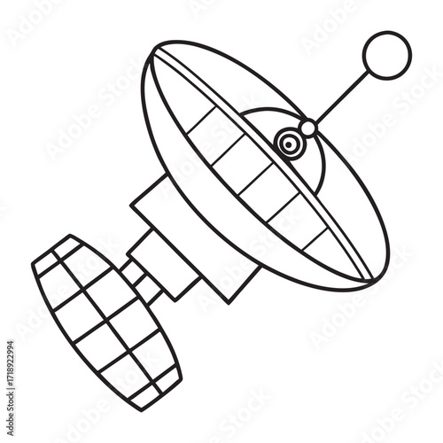 Cartoon Satellite with Parabolic and Planar Antennas Illustration Black and White
