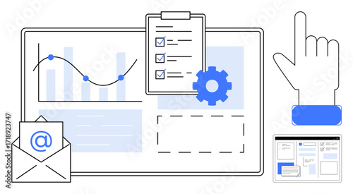 Graph with line chart and bar chart, clipboard with checklist, cogwheel, email envelope, and UI components. Ideal for data management, productivity, communication, analytics optimization planning