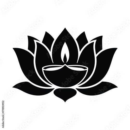 Elegant Black and White Lotus Flower with Diya Illustration for Spiritual Practices and Festive Celebrations
