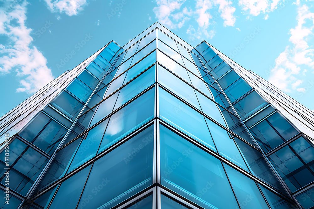Obraz premium Modern glass skyscraper reflecting blue sky and clouds from a low angle perspective