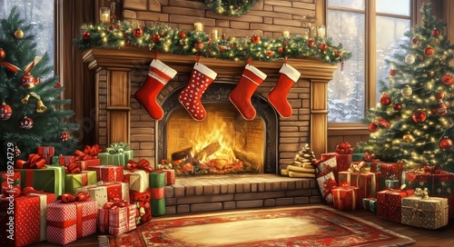 Warm Christmas Scene With Fireplace, Stockings, and Decorated Gifts in Cozy L...