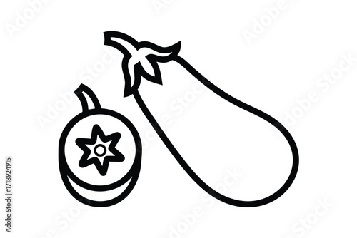 Eggplant and Tomato Icon, Black Outline Vegetables on White Background