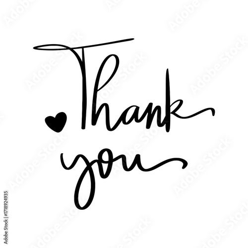 Thank you ink brush lettering, editable black thank you with heart shape modern handwritten calligraphy vector.
